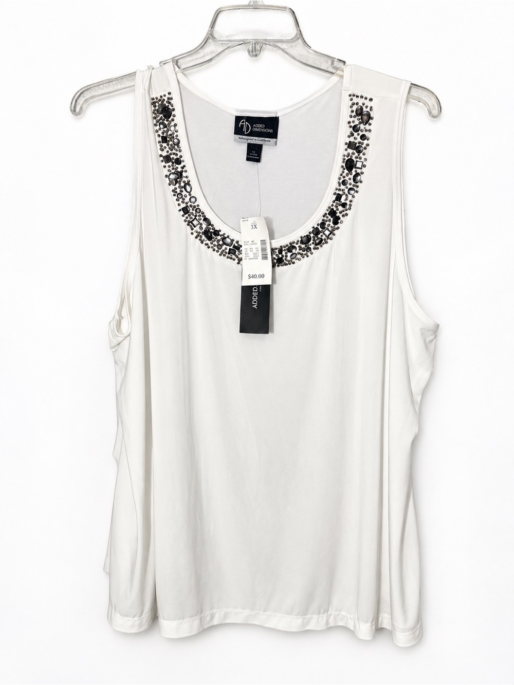 Added Dimensions White Tank with Black Beaded Scoop Neck